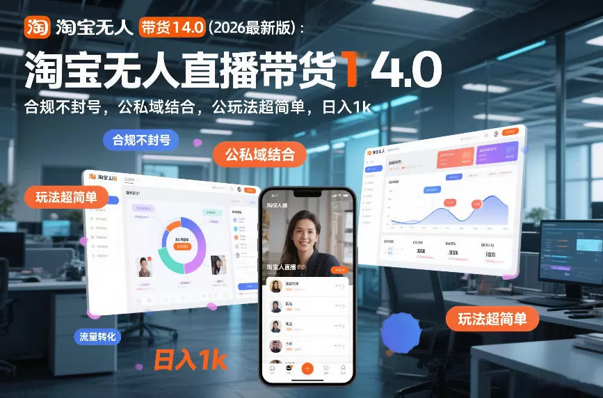 淘宝无人直播带货14.0(2026最新版):合规不封号,公私域结合,玩法超简单,日入1k+【揭秘】