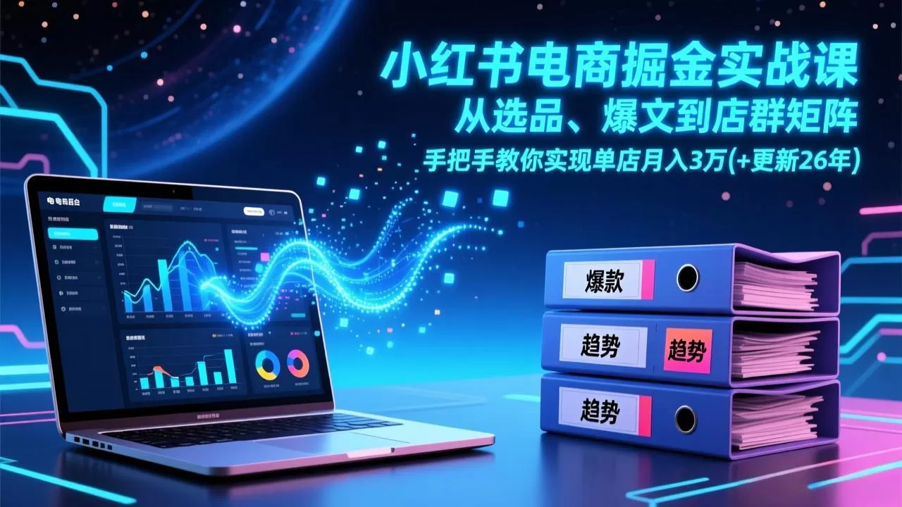 小红书电商掘金实战课，从选品、爆文到店群矩阵，手把手教你实现单店月入3万+(更新26年
