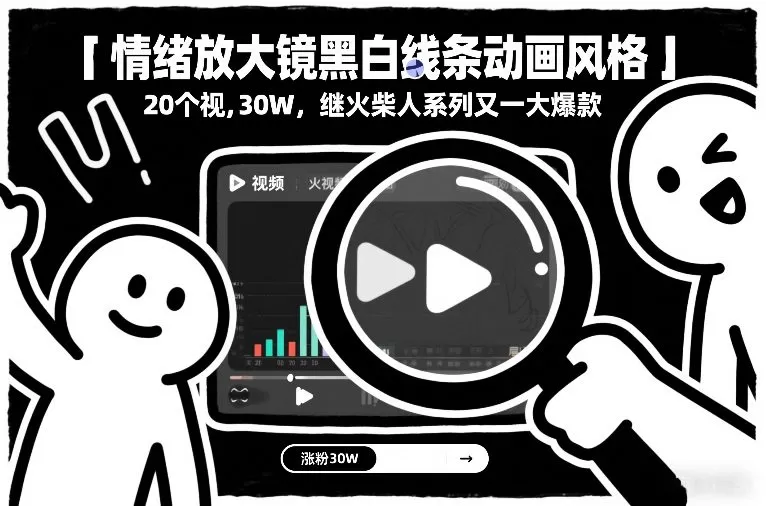 情绪放大镜黑白线条动画风格，20个视频，涨粉30W，继火柴人系列又一大爆款