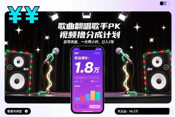 歌曲翻唱歌手PK视频撸分成计划，自带流量，一天两小时，日入2张