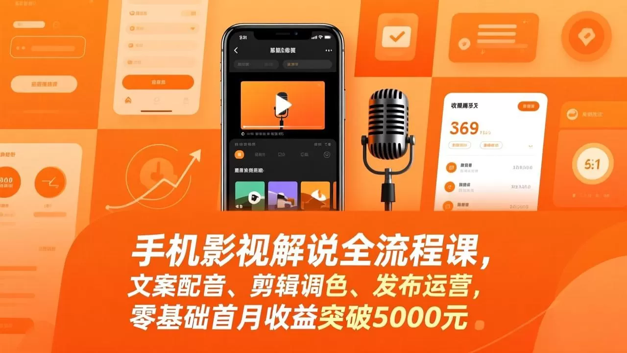 手机影视解说全流程课，文案配音、剪辑调色、发布运营，零基础首月收益突破5000元